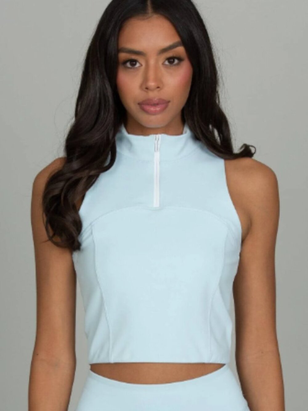 High Neck Light Blue Zip-Front Crop Top